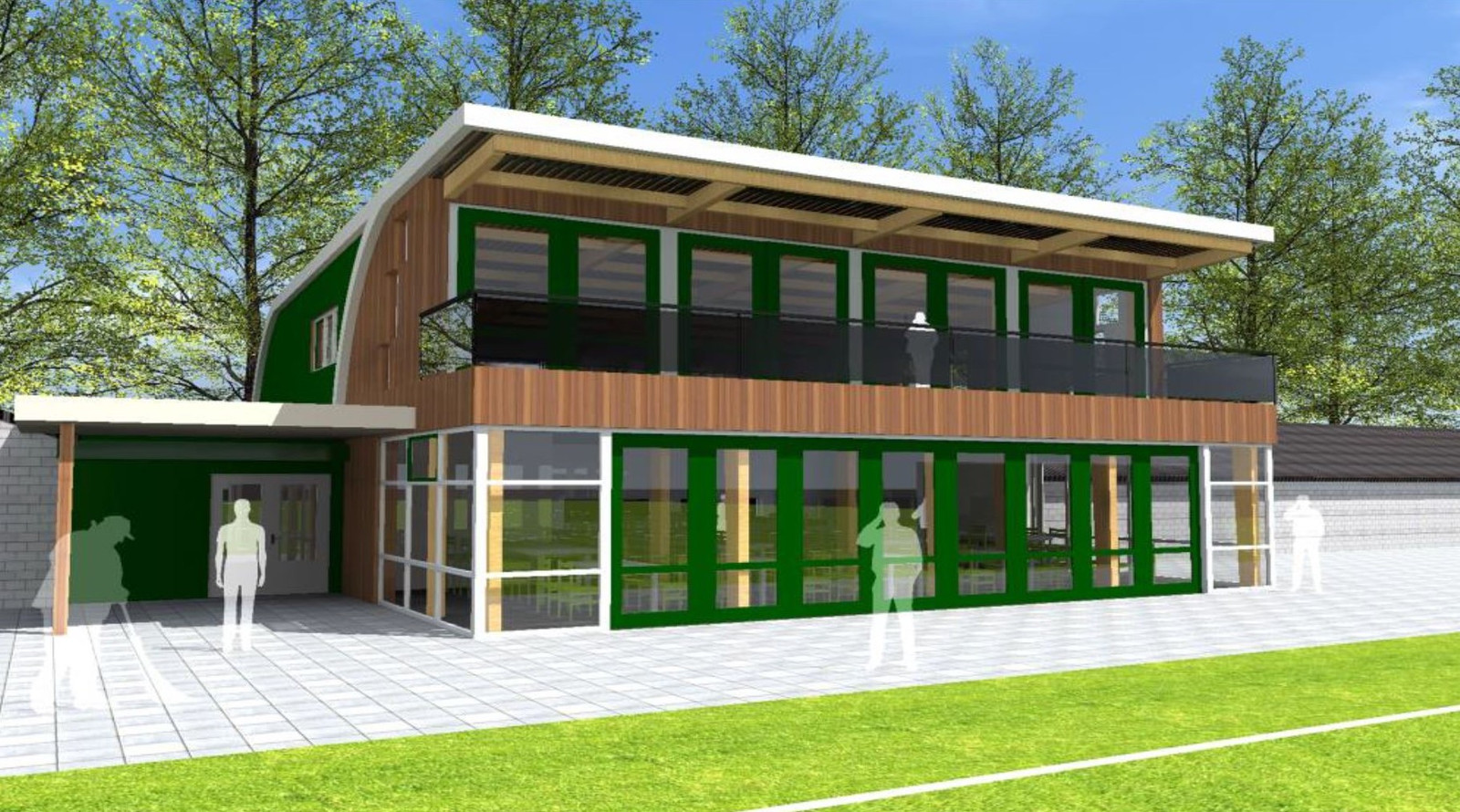 Een impressie van het nieuwe clubhuis dat Warnsveldse Boys wil bouwen.