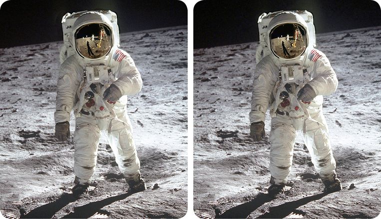 Buzz Aldrin op de maan, 1969. Brian May leverde de stereofoto’s voor Race naar de maan 3D. Beeld CREDITS VOLGEN