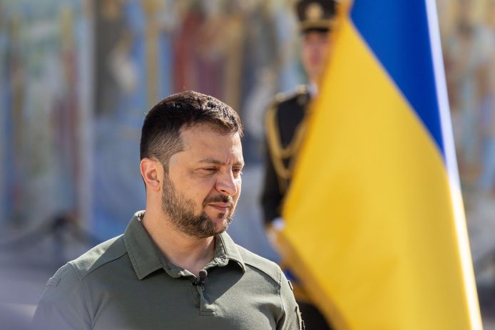 epa10773665 A handout photo made available by the Ukrainian Presidential Press Service shows Ukrainian President Volodymyr Zelensky attending an event on the occasion of the Day of Ukrainian Statehood held on Mykhailivska Square in downtown Kyiv, Ukraine, 28 July 2023, amid the Russian invasion. Ukraine marked the Day of Ukrainian Statehood for the second time on 28 July 2023. The national holiday was established by decree of President Zelensky in 2021 and adopted by parliament in May 2022.  EPA/UKRAINIAN PRESIDENTIAL PRESS SERVICE HANDOUT -- MANDATORY CREDIT: UKRAINIAN PRESIDENTIAL PRESS SERVICE -- HANDOUT EDITORIAL USE ONLY/NO SALES