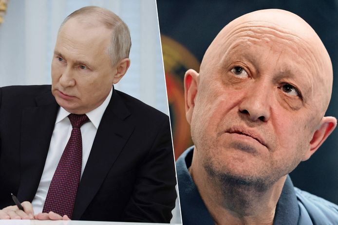 De Russische president Poetin (links) zei tijdens een televisietoespraak dat hij pas donderdagochtend het nieuws had ontvangen over de fatale vliegtuigcrash waarbij Prigozjin (rechts) het leven liet.