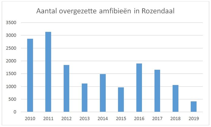 Het aantal overgezette padden in Rozendaal is de afgelopen jaren drastisch gedaald.
