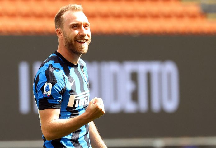 Christian Eriksen juicht na een goal voor Inter afgelopen seizoen.