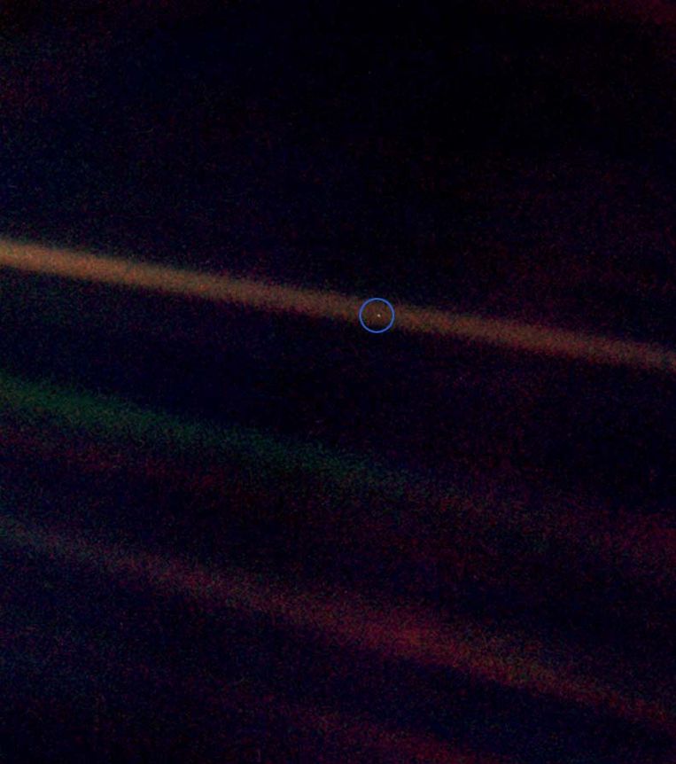 Een foto van de aarde (omcirkeld), gemaakt op een afstand van 6 miljard kilometer.  Beeld NASA