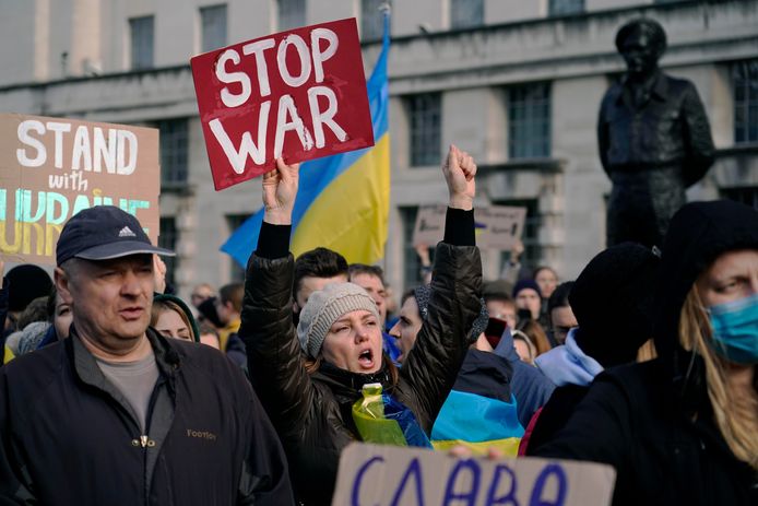 Protest in Londen aan het begin van de Russische invasie in Oekraïne in februari.