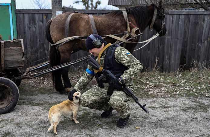 Een Oekraïense soldaat speelt met een hondje in Buda-Babynetska, ten noorden van Kiev.