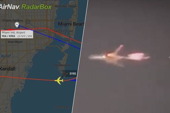 Fotomontage. Het vliegtuig moest kort na opstijgen terugkeren naar de luchthaven. / De brandende Boeing in de lucht boven Miami.