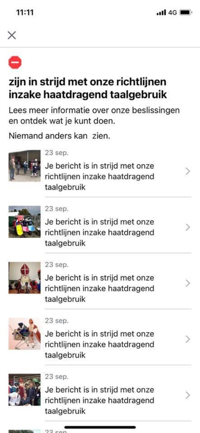 Printscreen van de telefoon van Stephan Kuipers. Facebook heeft zijn posts over het Goorse Sinterklaasjournaal ‘ontdekt’ en deze allemaal verwijderd.