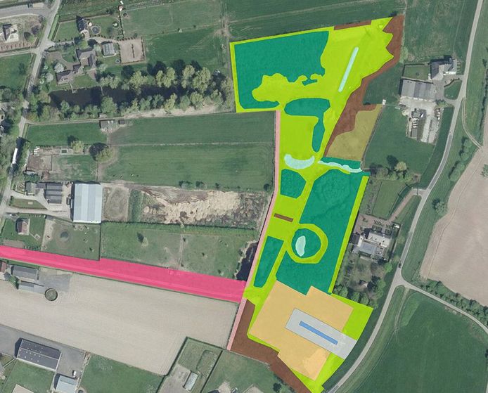 Een kaart van landgoed Het Drielse Bosch. In het oranje gedeelte liggen de kavels voor drie villa's. Toegang is er via de Kievitsham en de Hoenzadrielsedijk. Daarvoor wordt een nieuwe dijkstoep aangelegd.