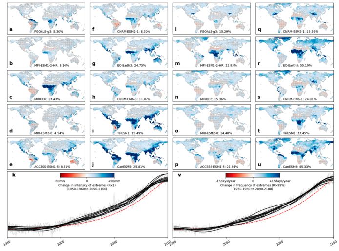 Changes in extreme daily precipitation (intensity and frequency) under historical and future human influences, detected in separate climate models.