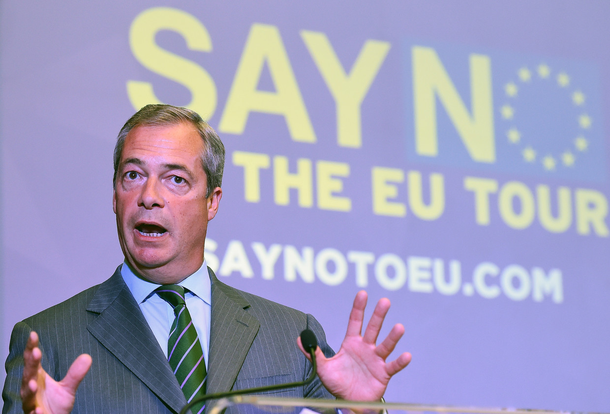 Nigel Farage, Europarlementariër voor de eurosceptische UK Independence Party, houdt een toespraak tijdens de 'EU NO'-campagne in Londen  in september 2015. Beeld EPA