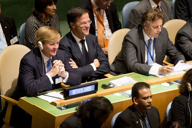 Koning Willem-Alexander en premier Mark Rutte en minister Bert Koenders van Buitenlandse Zaken tijdens de Algemene Vergadering van de Verenigde Naties. Beeld anp