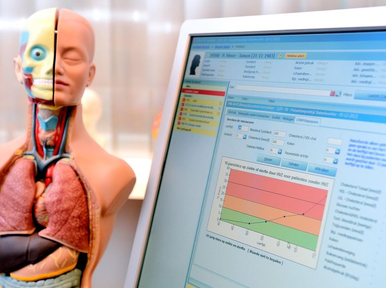 Een anatomisch model en het elektronisch patiëntendossier in een huisartsenpraktijk. Beeld anp