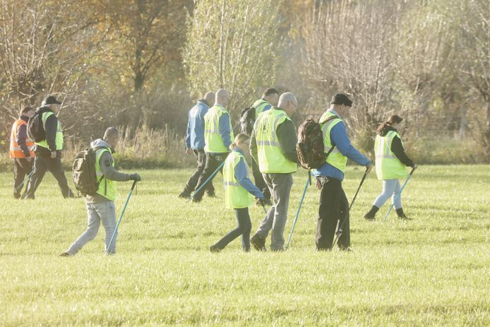 Leden van het Veteranen Search Team doorzoeken een weiland aan de Amerongerwetering