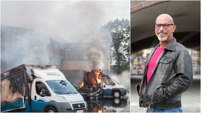 Luc Van Hees (r.) werkte 39 jaar in dienst van Schot's Vishandel toen hij werd ontslagen. Het bedrijf én de kraamwagens gingen in 2018 in vlammen op (l.).