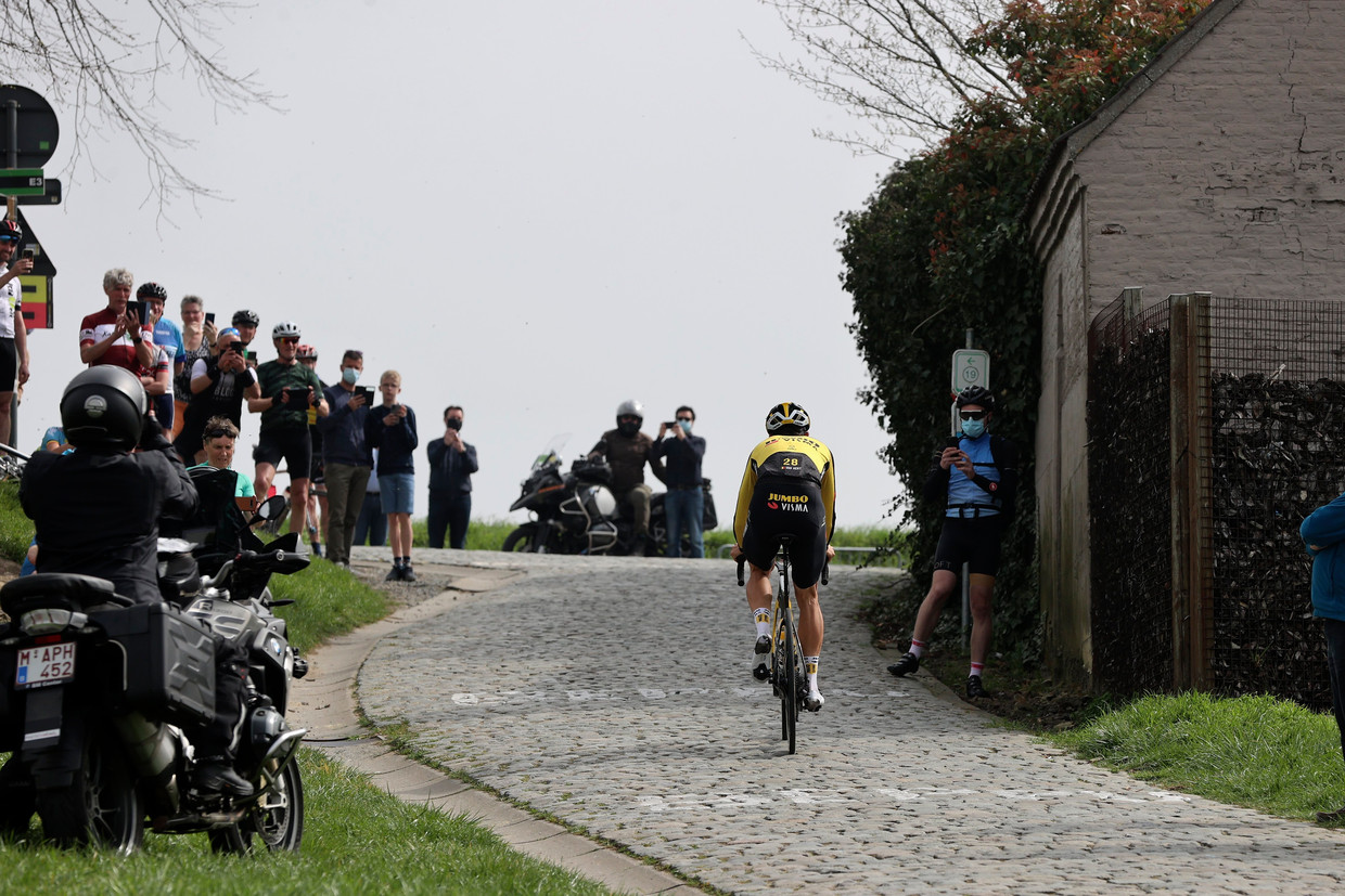 Wout van Aert (Jumbo-Visma) wordt aangemoedigd op de Paterberg tijdens zijn verkenning van de Ronde Van Vlaanderen. Beeld Photo News
