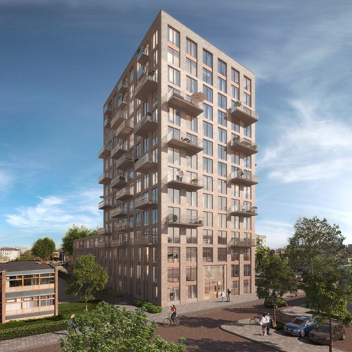 Woontoren ‘Alex’ in de Rotterdamse wijk Het Lage Land. De bouw zou begin volgend jaar moeten beginnen.