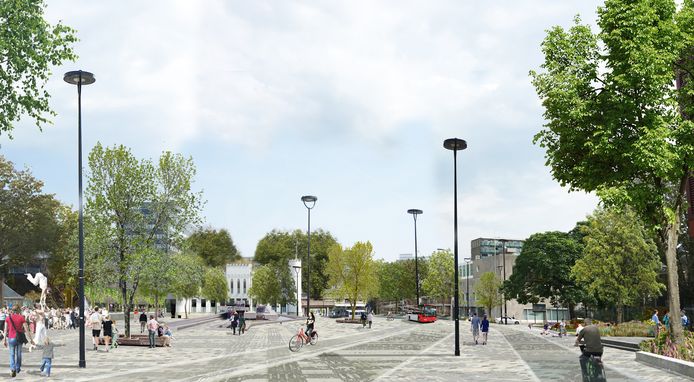 Eerste schets voor het Stadsforum, met tapijt in ruitvorm: een verwijzing naar de Schotten die Tilburg bevrijdden.