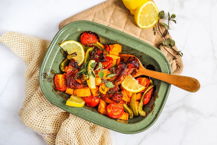 Ovenschotel kip met zoete aardappel.