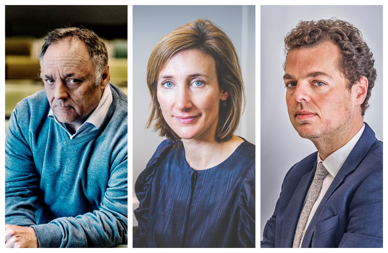 Viroloog Marc Van Ranst, professor Isabel Leroux-Roels, coronacommissaris Pedro Facon. Beeld DM