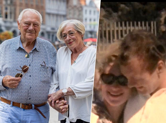 Roger Herman & Rosalind Walker vandaag in Brugge (links), 61 jaar nadat ze elkaar voor het eerst in Nieuw-Zeeland ontmoetten (rechts).
