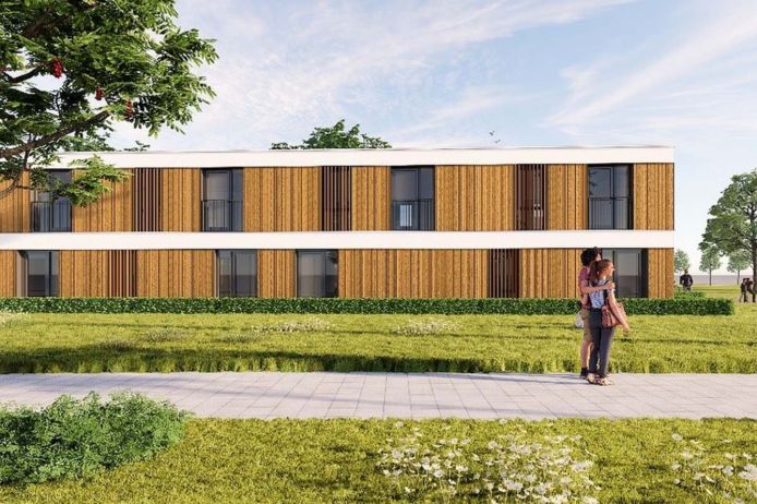 Het nieuwe pand in Hoogvliet op de locatie Nieuw Engeland. Hier begint eind 2022 de bouw van 40 kleine sociale huurwoningen voor starters op de woningmarkt.