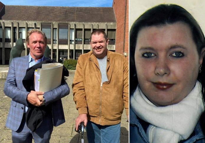 Geert Vanweehaeghe en zijn advocaat Frank Scheerlinck voor de rechtbank. Rechts Caroline Vyncke, die vermoord werd.