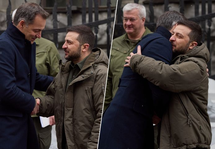 Premier Alexander De Croo (Open Vld) en Oekraïens president Volodymyr Zelensky in Kiev