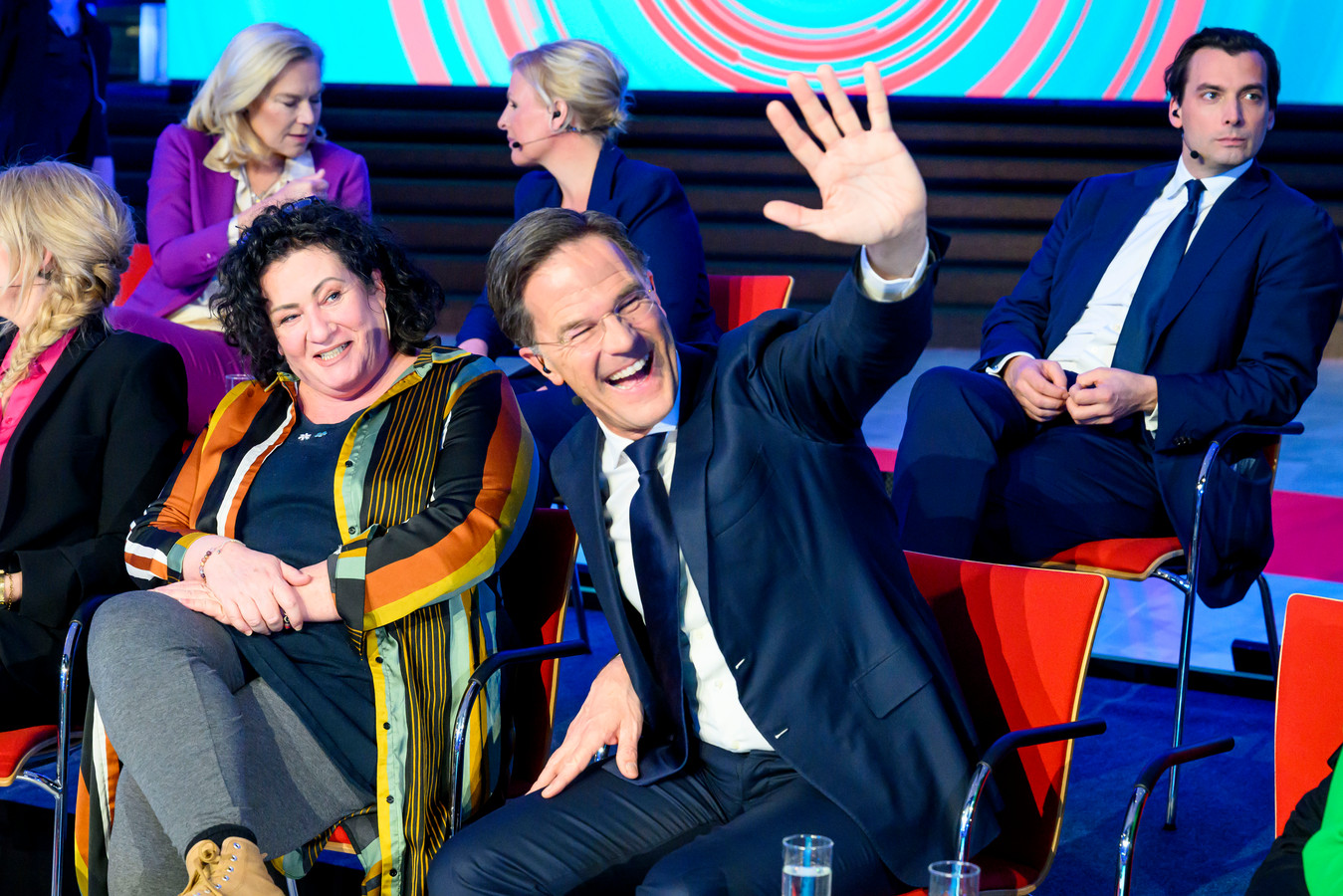 Caroline van der Plas en Mark Rutte tijdens een verkiezingsdebat.