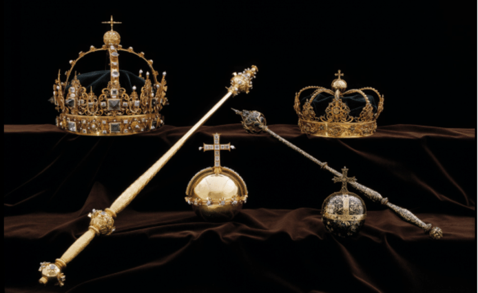 De kronen en de 'rijksappel' die zijn ontvreemd uit de kathedraal  van Strängnäs.