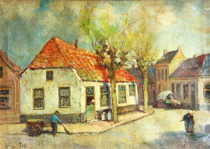 Mijntje van de Sande hangt leunend op de halve deur en kijkt naar buiten.