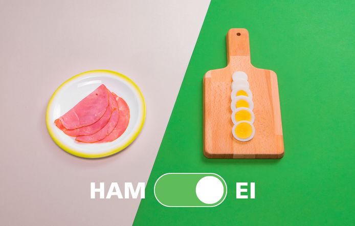 Ham is erg zout. Ei niet. Tenzij je er natuurlijk zelf zout op strooit. Het opgroeien van een varken heeft meer effect op het milieu dan een kip (leghen). Daardoor is ei een betere keuze dan ham.