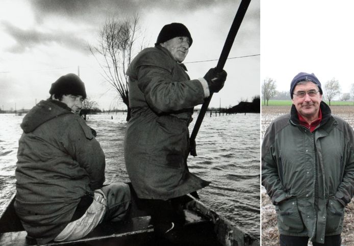 Links: Geert Leeman en zijn vader Roger, door Paul Bolsius geportretteerd tijdens de overstroming in de winter van 1993. Rechts: Geert Leeman vandaag op exact dezelfde plaats.