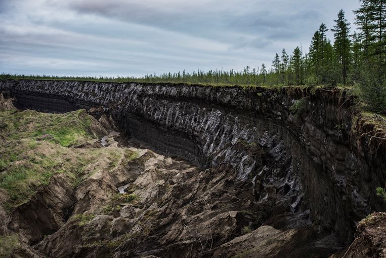 In de Batagajka-krater zijn grote hoeveelheden permafrost duidelijk te zien. Beeld Yuri Kozyrev/Noor