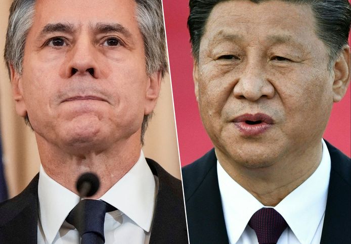 De Amerikaanse buitenlandminister Antony Blinken en de Chinese president Xi Jinping op archiefbeeld.