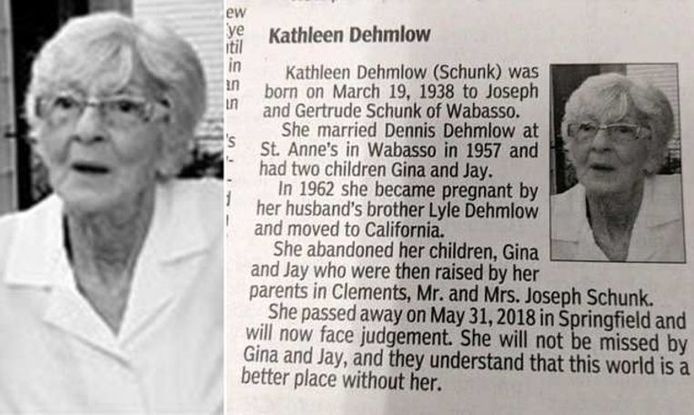 De rouwadvertentie zoals ze verscheen in de lokale krant 'Redwood Falls Gazette'.