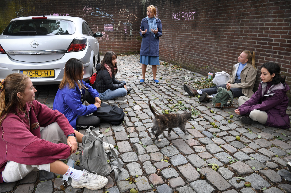 Studenten van het University College in Middelburg volgen een geschiedeniscollege over de Berlijnse Muur achter op een parkeerplaats in de stad. Beeld Marcel van den Bergh / de Volkskrant