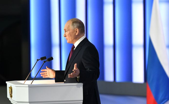 De Russische president Vladimir Poetin tijdens zijn toespraak voor het parlement vorig jaar, op 21 februari 2023.