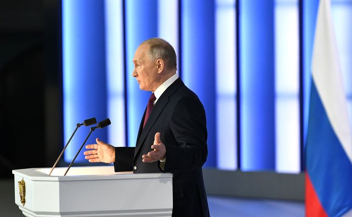 Russian President Vladimir Putin during his speech to Parliament last year, on February 21, 2023.