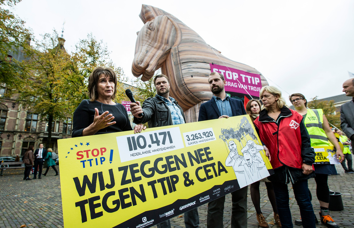 Actievoerders die zich protesteerden tegen TTIP overhandigden in 2015 ook al handtekeningen aan minister Ploumen. Beeld ANP