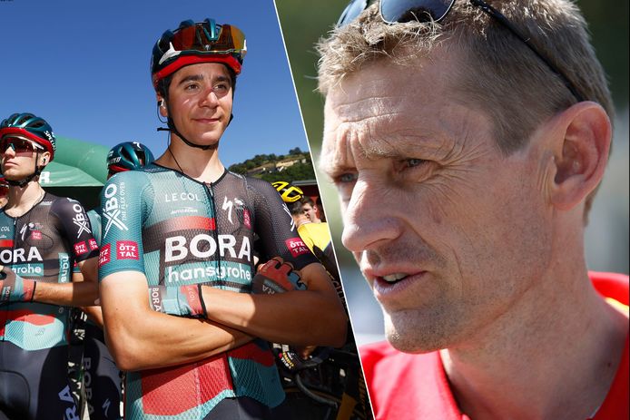 Links Cian Uijtdebroeks tijdens de voorbije Vuelta, rechts Rolf Aldag, de sportieve baas van BORA-hansgrohe.