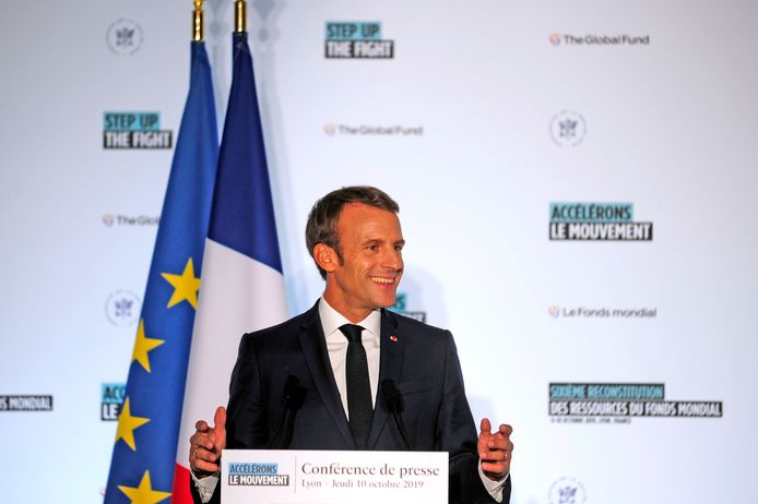 Macron tijdens zijn persconferentie vandaag in Lyon.
