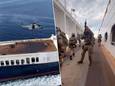 Italiaanse mariniers tijdens de actie die een einde maakte aan de kaping van het Turkse vrachtschip Galata Seaways voor de kust van Napels.