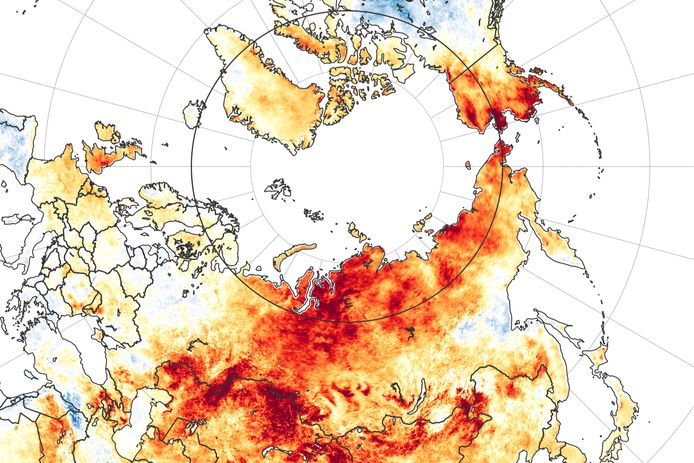 Een beeld vrijgegeven door NASA. Siberië wordt getroffen door ongewoon hoge temperaturen en bosbranden die wetenschappers met verstomming doen slaan.