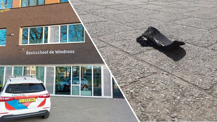 Links: politie bij basisschool De Windroos, woensdagavond. Rechts: een klep van een pet. De pet lijkt vlam te hebben gevat.