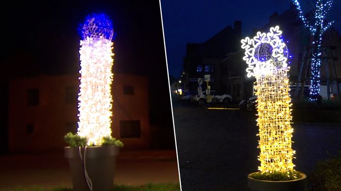 Links het originele ontwerp van de 'kerstpiemels' van Oudenburg, rechts hoe ze er dit jaar uitzien.