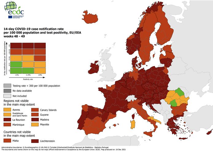 Europese coronakaart 16/12