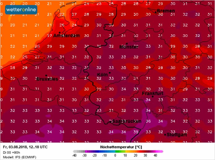 Ook in België en Nederland stijgen de temperaturen vanaf donderdag op de meeste plaatsen boven 30°C. Vrijdag kan het lokaal zelf 34°C worden