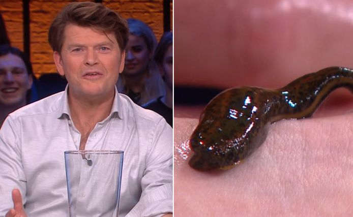 Beau van Erven Dorens laat zich bijten door een bloedzuiger.