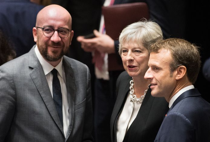 Archiefbeeld Charles Michel, Theresa May en Emanuel Macron.