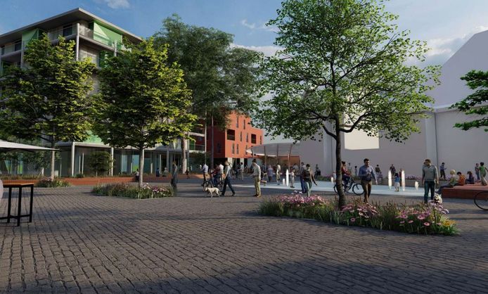 Centraal in de horecazone van de Corbiestraat komt een groot zitpodium en speelfonteinen.